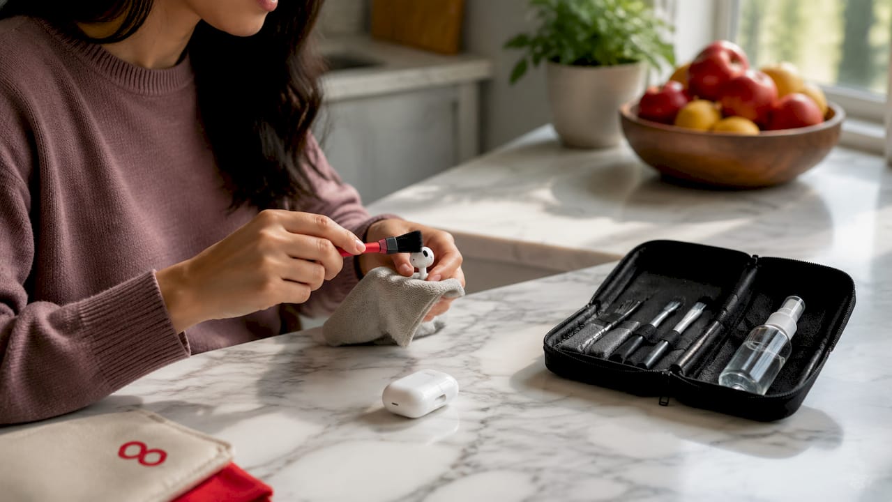 Hands cleaning earbuds with brush and cloth