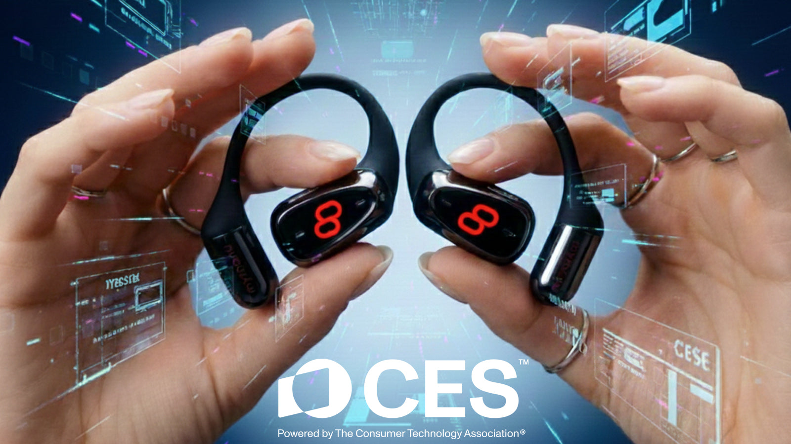 AI-powered translation earbuds with real-time language translation display, showcased at CES tech event