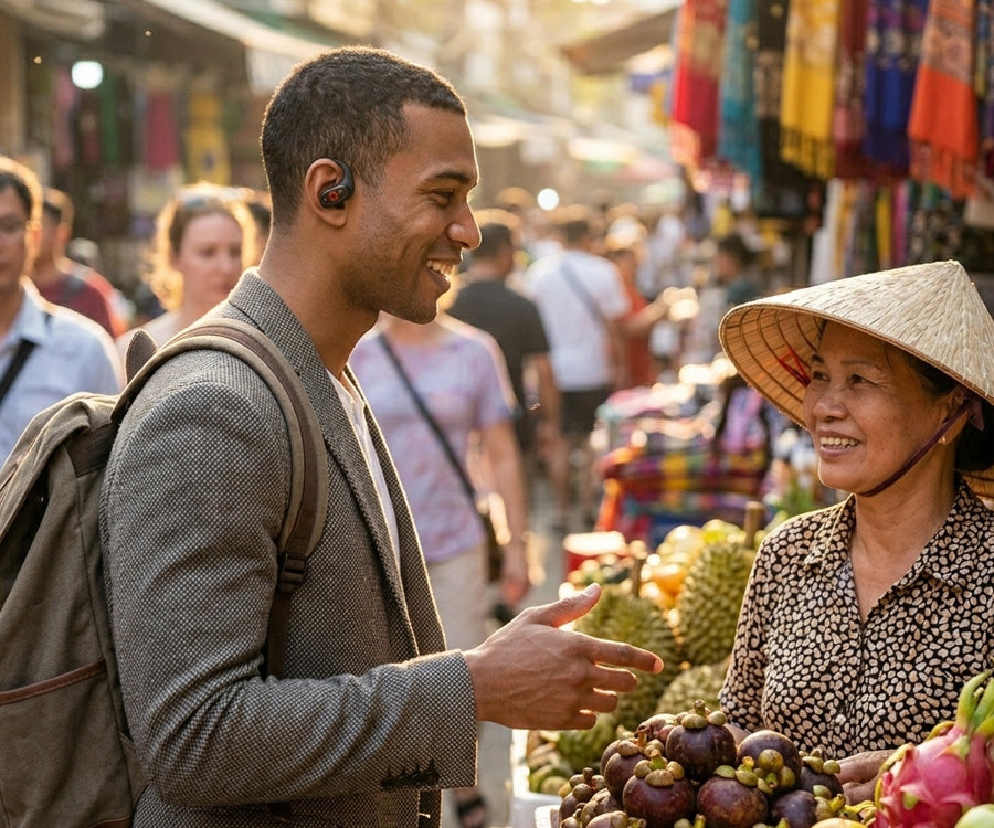 Traveller using open-ear translation earbuds to speak with a local market vendor