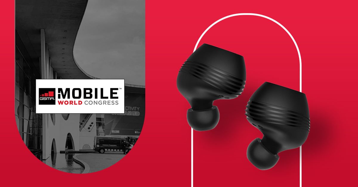 Black translator earbuds with real-time language translation for travel and business, showcased at Mobile World Congress
