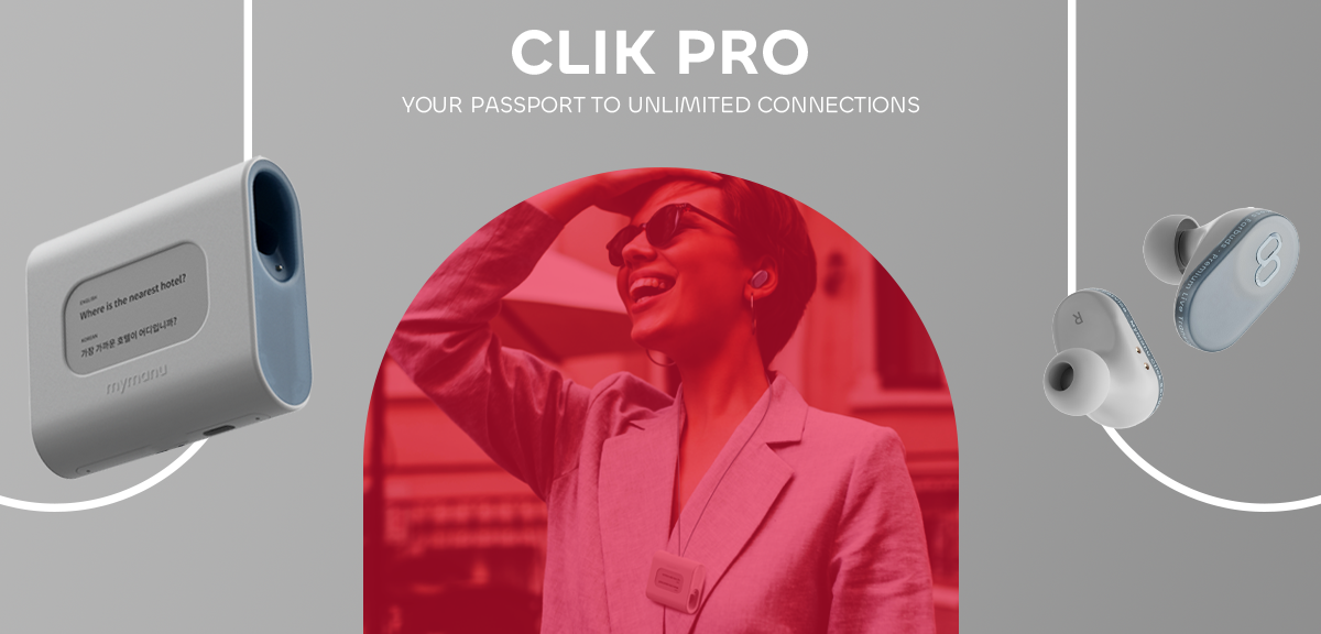 Clik Pro real-time translator earbuds with portable device, enabling instant language translation for travel and business.