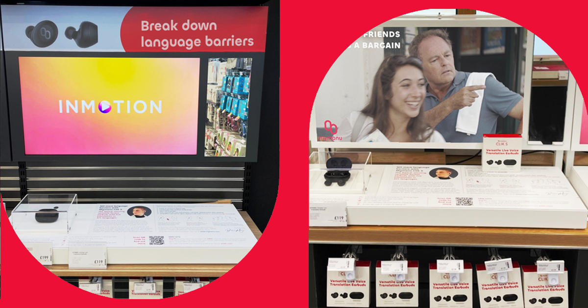 Live translator earbuds display with INMOTION screen, showcasing real-time language translation for travel and conversation.