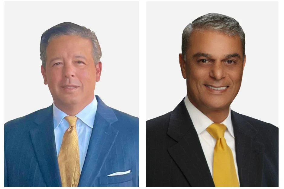 Two professionals in business suits with yellow ties, smiling for corporate headshots