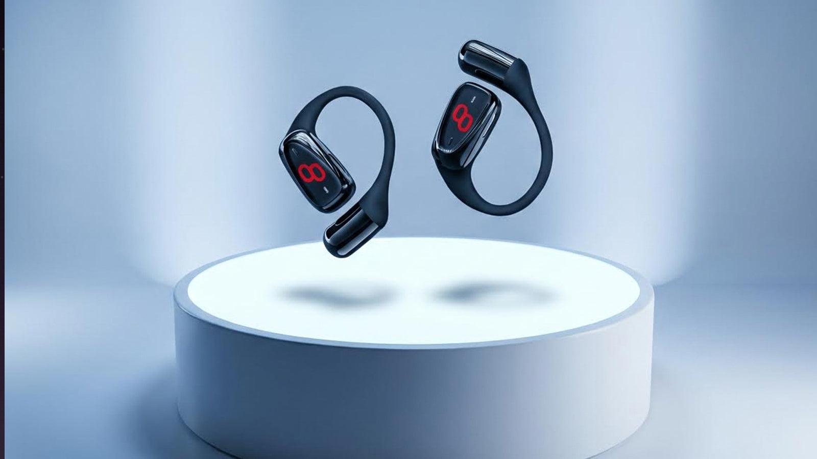 Black wireless translator earbuds with red display, floating above white pedestal for real-time language translation