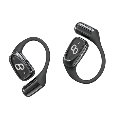 This image features the Mymanu Orb, a pair of open-ear earbuds designed for multilingual real-time call translation. 