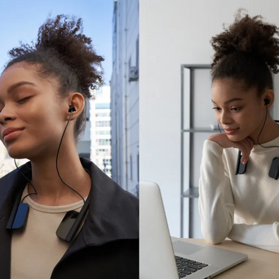 Woman using real-time translator earbuds outdoors and indoors with laptop, for travel and business communication