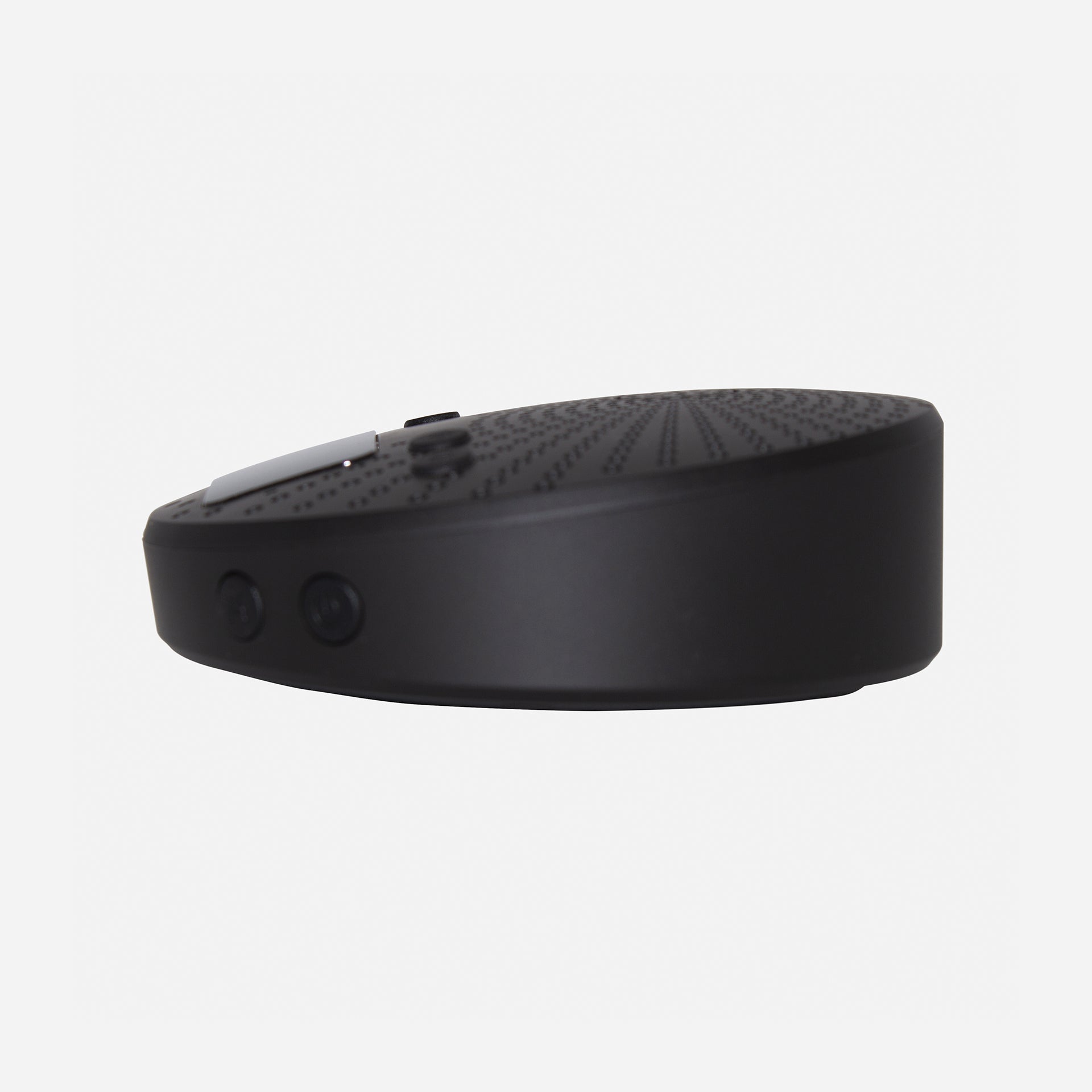 A black portable conference speaker with a built-in microphone and echo cancellation algorithm