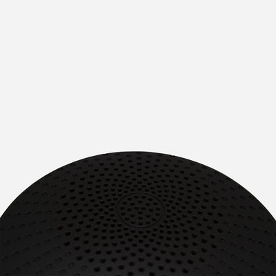 A black portable conference speaker with a built-in microphone and echo cancellation algorithm