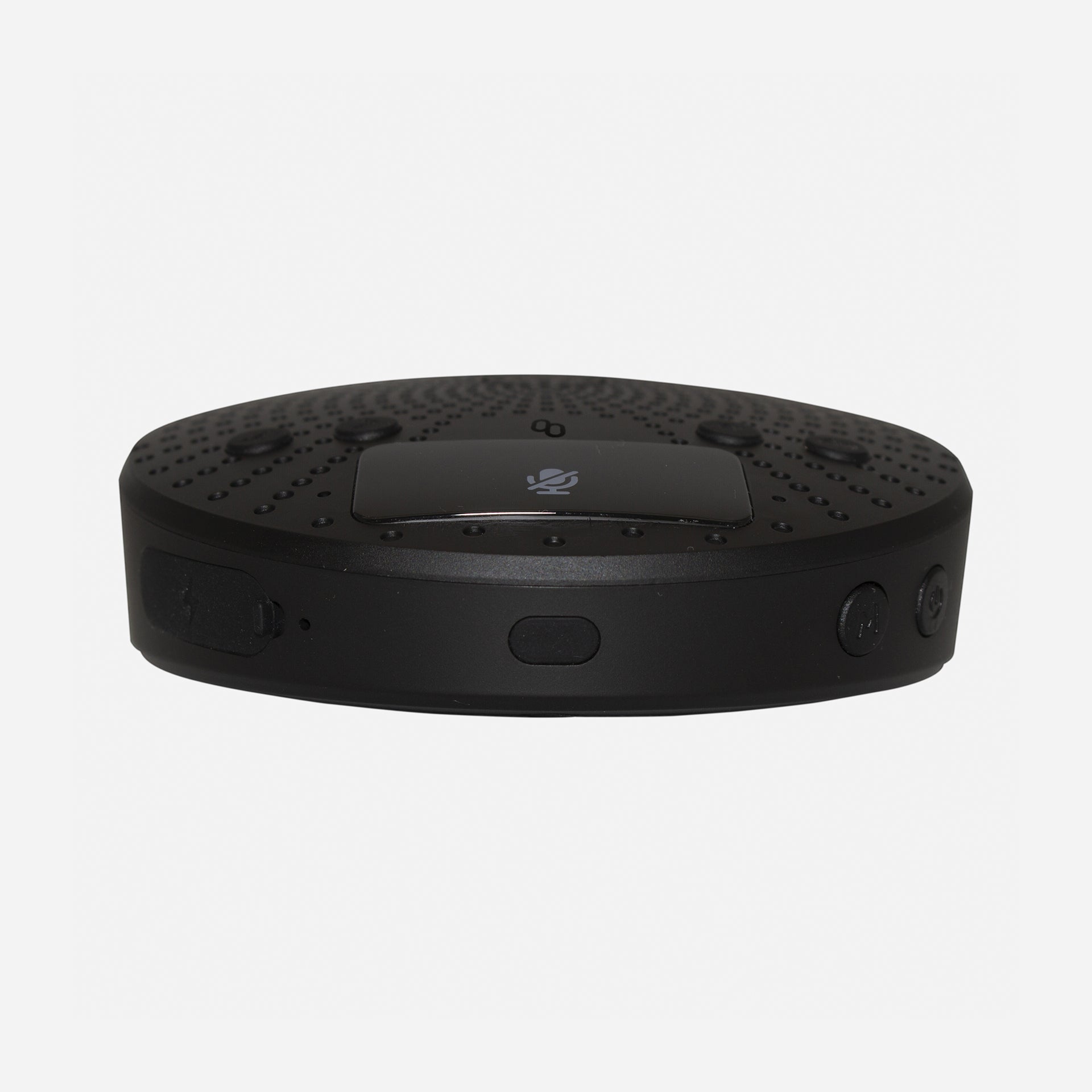 A black portable conference speaker with a built-in microphone and echo cancellation algorithm