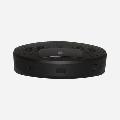 A black portable conference speaker with a built-in microphone and echo cancellation algorithm