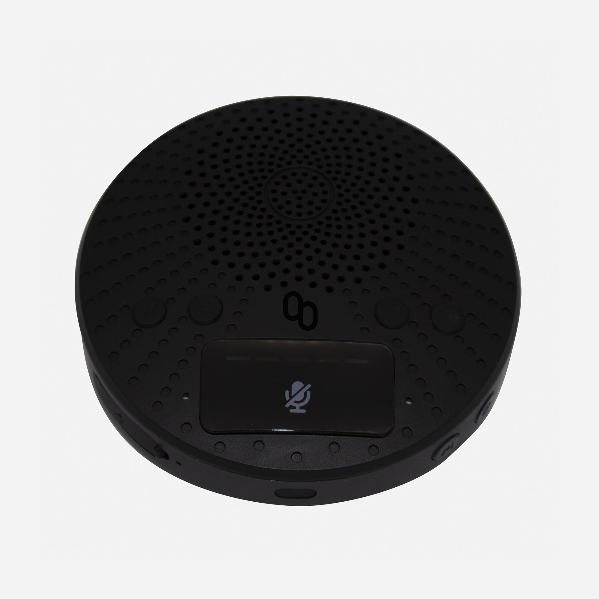 A black portable conference speaker with a built-in microphone and echo cancellation algorithm