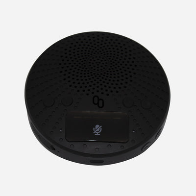 A black portable conference speaker with a built-in microphone and echo cancellation algorithm