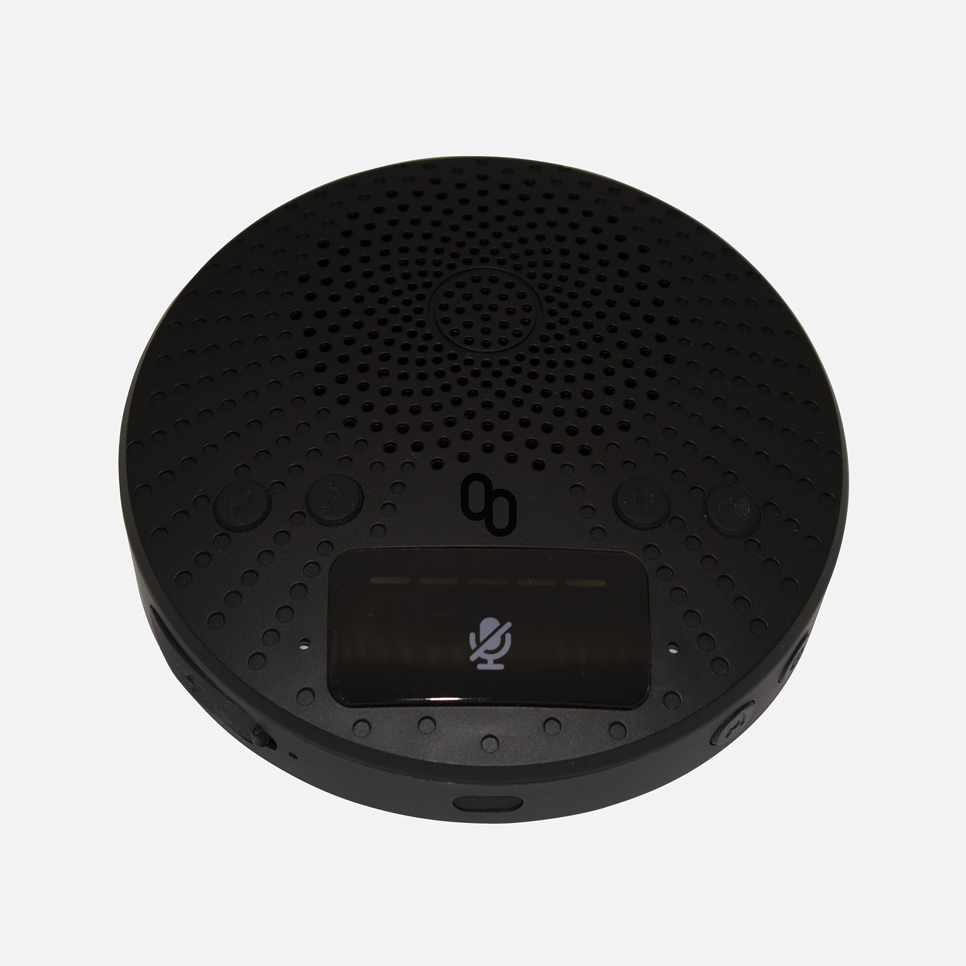 A black portable conference speaker with a built-in microphone and echo cancellation algorithm