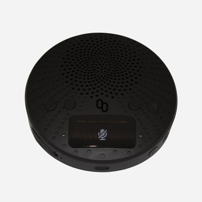 A black portable conference speaker with a built-in microphone and echo cancellation algorithm
